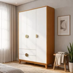 Guarda-Roupa Solteiro MDF 3 Portas 2 Gavetas Branco Ipê Cinamomo Ipê Cinamomo/Branco
