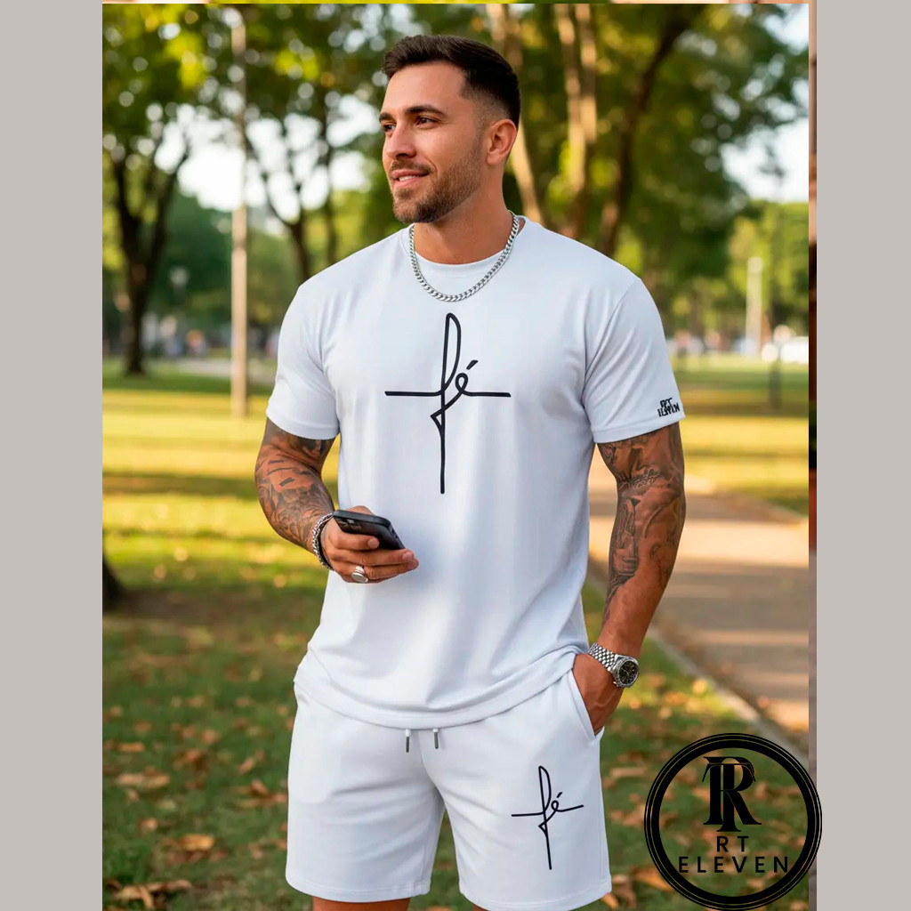 Kit Masculino Conjunto Camiseta e Bermudas Fé EV7 T-shirts Moda Praia Casual Streetwear Confortável Kit Lançamento