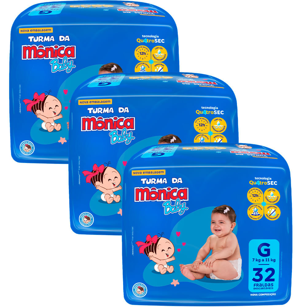 Kit 3 Fraldas Turma Da Mônica Mega G - 96 Tiras