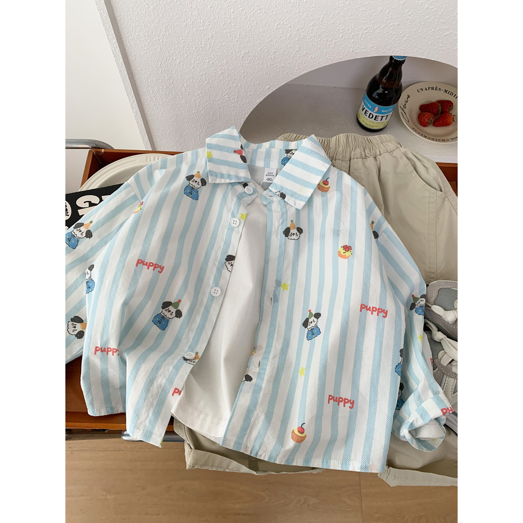 Meninos primavera algodão camisa de manga comprida 2026 novo estilo crianças listrado lapela camisa dos desenhos animado