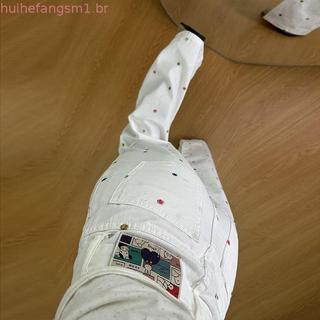 Outono novo estilo solto mais magro olhar versão coreana colorido bordado flores bege Denim calças de perna larga femini