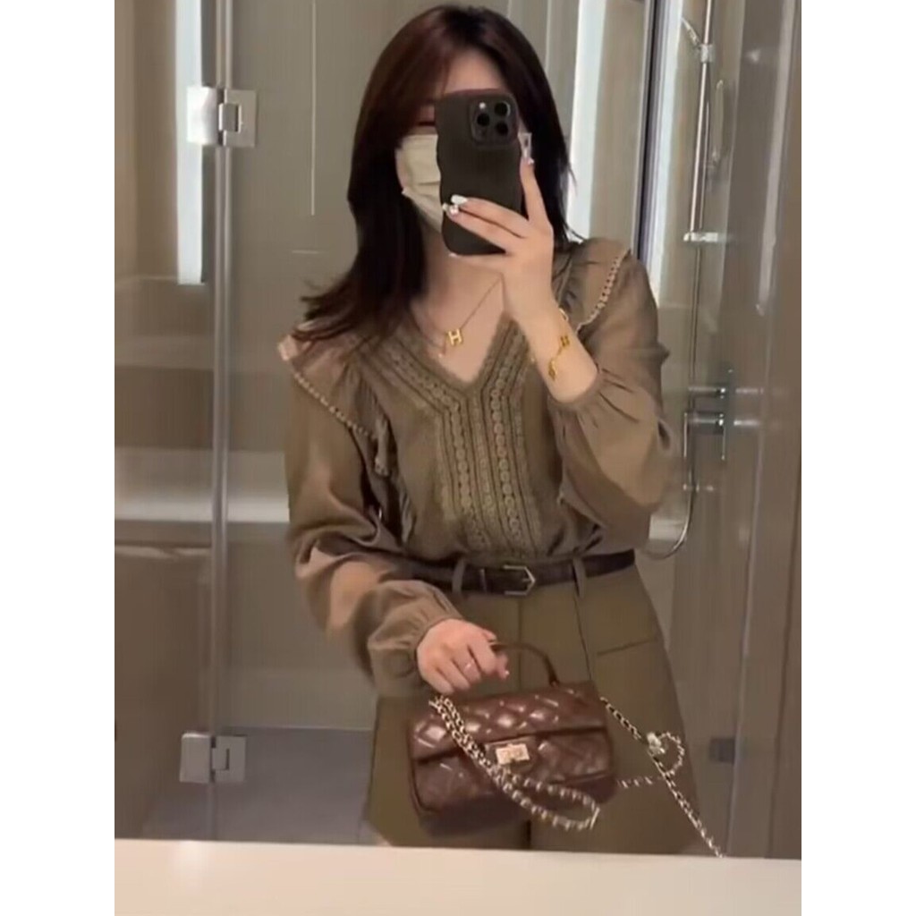 Estilo coreano elegante estilo renda com decote em v camisa feminina de manga comprida outono inverno roupas femininas c