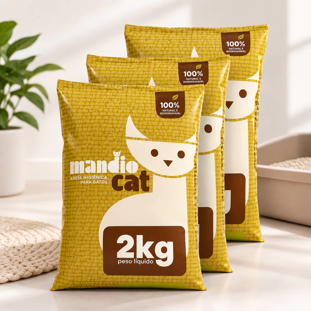 Areia Higiênica Mandiocat 2kg Kit com 3 unidades – Natural de Mandioca, Elimina Odores, Forma Torrões, Eco-Friendly
