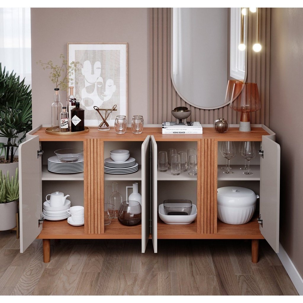 Buffet Aparador de Sala de Jantar 4 Portas com Pés de Madeira Maciça Eva Marrom/Off White/Cinamomo Off White/Cinamomo · foto 2