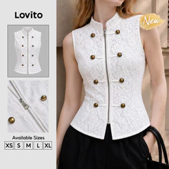 (New Arrival) Lovito Blusa Feminina Jacquard Offwhite Sem Mangas Gola Alta 2 botões E Abertura Frontal TKT205P2D033