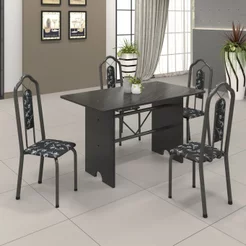 Conjunto de Mesa 120x75cm Tampo Ardósia com 4 Cadeiras Bianca Prata/Martelado/Indiano/Preto Floral Martelado