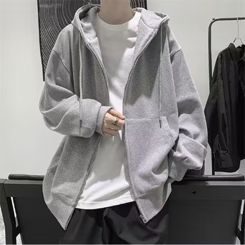 Americano Casual All-Match tamanho grande moletom com capuz cor sólida básico Cardigan jaqueta na moda masculina outono 