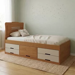 Cama Solteiro Infantil com 5 Gavetas Puxador Embutido Alice Cinamomo/Off White Bege Cinamomo/Off White