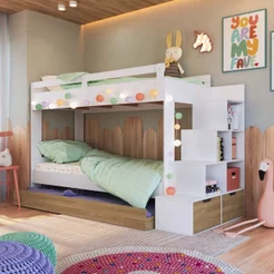 Treliche Infantil com Cama Auxiliar Escada Nichos e Gavetas Laterais Branco/Aveiro Oak Branco/Aveiro Oak