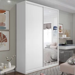 Guarda Roupa Solteiro 100% MDF BP com 2 Portas e 1 Espelho Zermatt Branco Branco