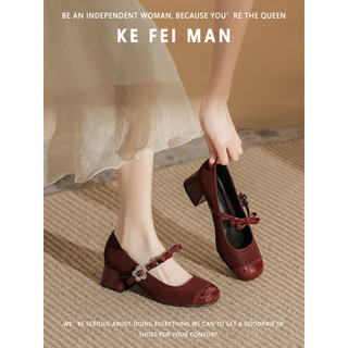 [Coffeyman] Arco Mary Jane Sapatos Femininos Primavera Outono Francês Bonito Salto Médio Grosso Sapatos Femininos Sapato