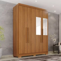 Guarda-Roupa Solteiro com Espelho 4 Portas 2 Gavetas com Pés França Cinamomo Cinamomo