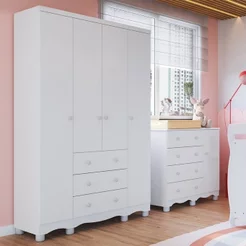 Quarto Infantil com Guarda-Roupa 4 Portas e Cômoda 1 Porta 100% MDF Mimo Espresso Móveis Branco/Brilho Branco Brilho