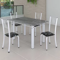 Conjunto de Jantar Mesa 120x75cm Tampo de Granito Topázio com 4 Cadeiras Sara Yescasa Branco/Preto Floral Branco/Preto