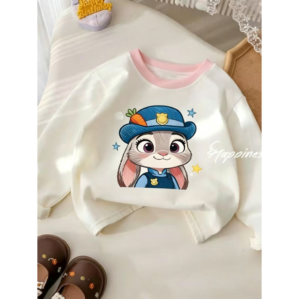 Meninas primavera outono novo estilo de manga comprida camiseta diversão dos desenhos animados impressão contraste cor B