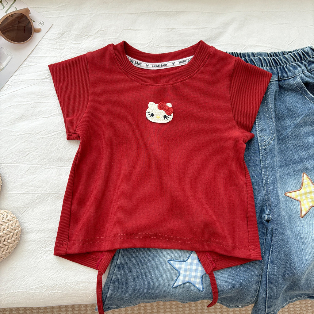Menina coreana camiseta de manga curta 2026 verão novo estilo crianças dos desenhos animados fino topo menina bebê meia 