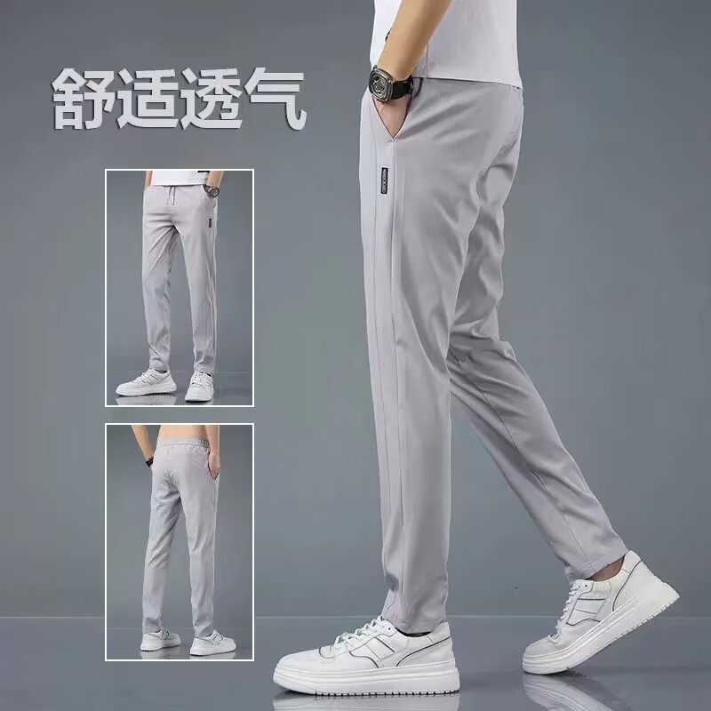 Verão masculino gelo seda estiramento leve calças retas respirável solto de secagem rápida Drape esportes lazer ar condi