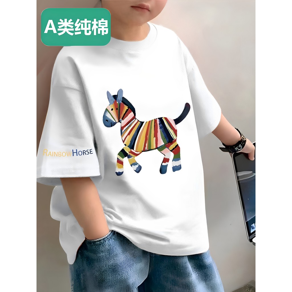 Algodão meninos 100% algodão camiseta de manga curta meninos crianças bonito solto meia manga topos médio grande criança