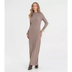 Vestido Midi Feminino Manga Longa Ribana Rovitex Marrom