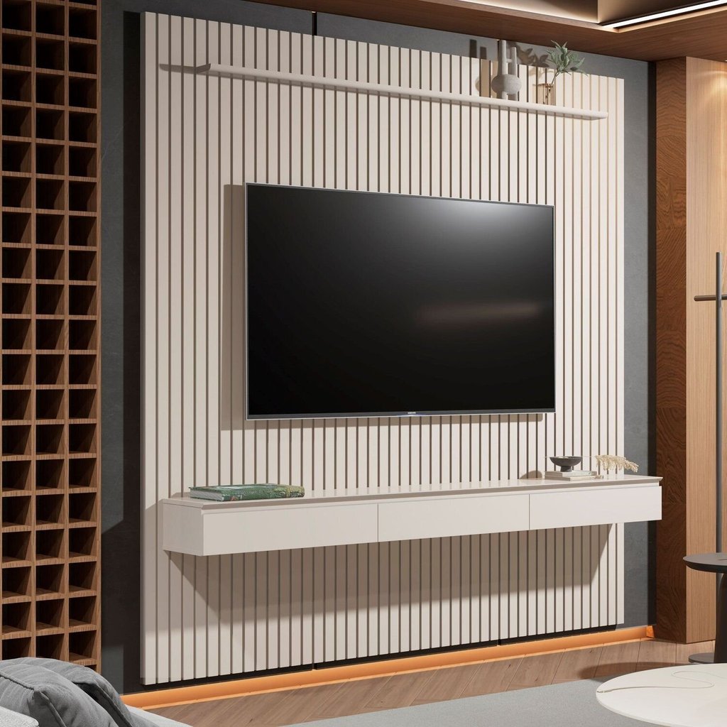 Painel Ripado Suspenso para TV até 75 Polegadas 100% MDF 247,1cmx240cm 3 Gavetas Arbo Bege Off White Off White