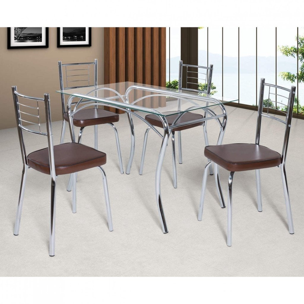 Conjunto de Mesa Tampo Vidro Lion com 4 Cadeiras Juliana Cromado/Marrom em Oferta na Shopee