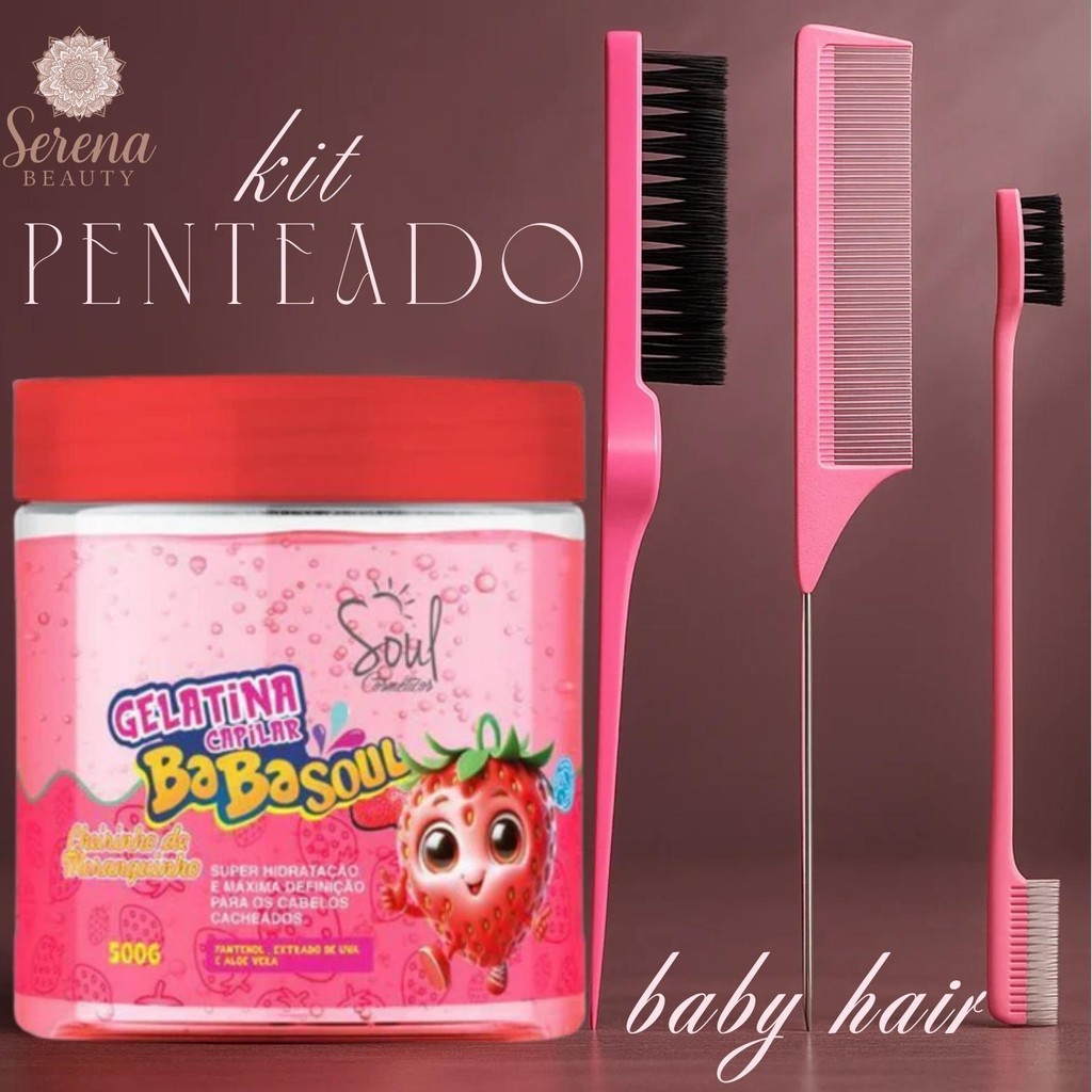Kit Gelatina Capilar + Kit Baby Hair 3 Peças Escova Pente de Cauda Finalização Cachos Volume Profissional