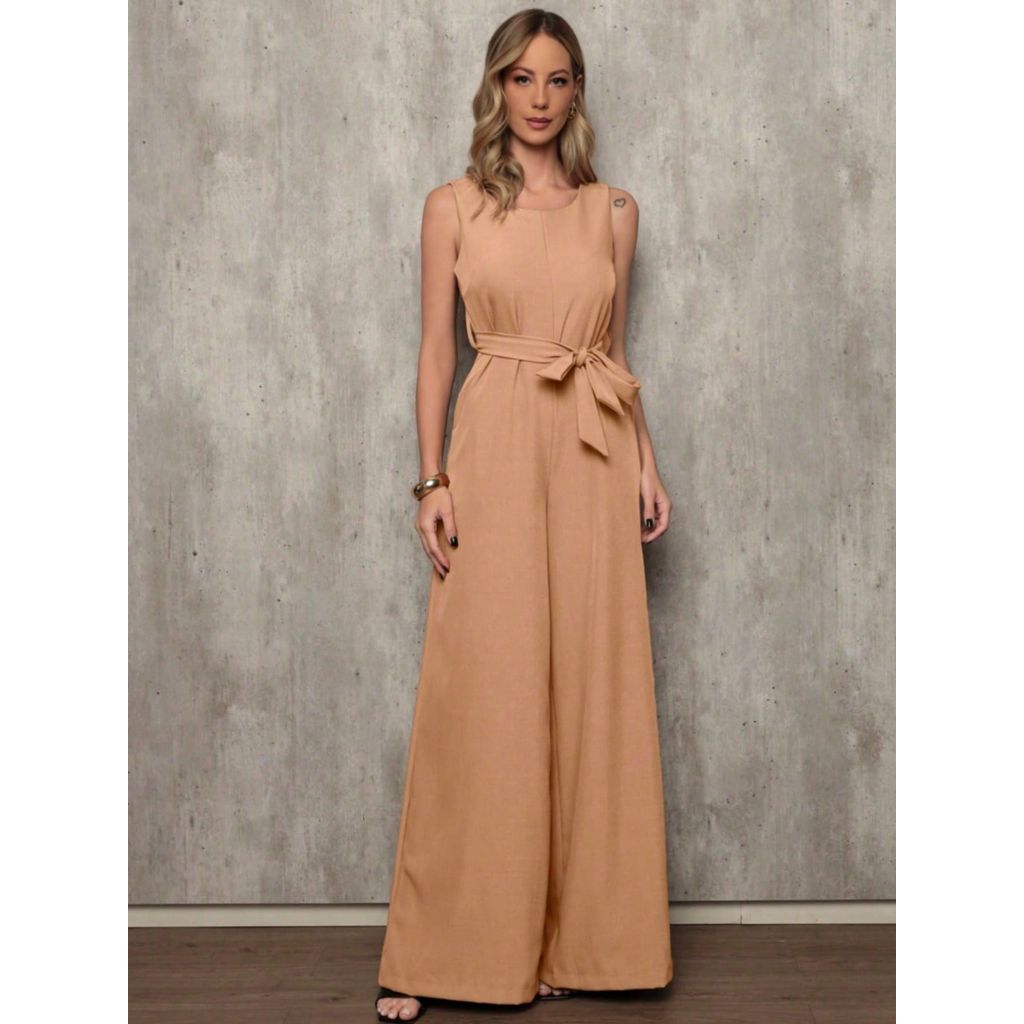 Macacão Pantalona Elegante de linho Pernas largas e Bolsos Discretos MACACÃO ALFAIATARIA COM BOLSO E CINTO