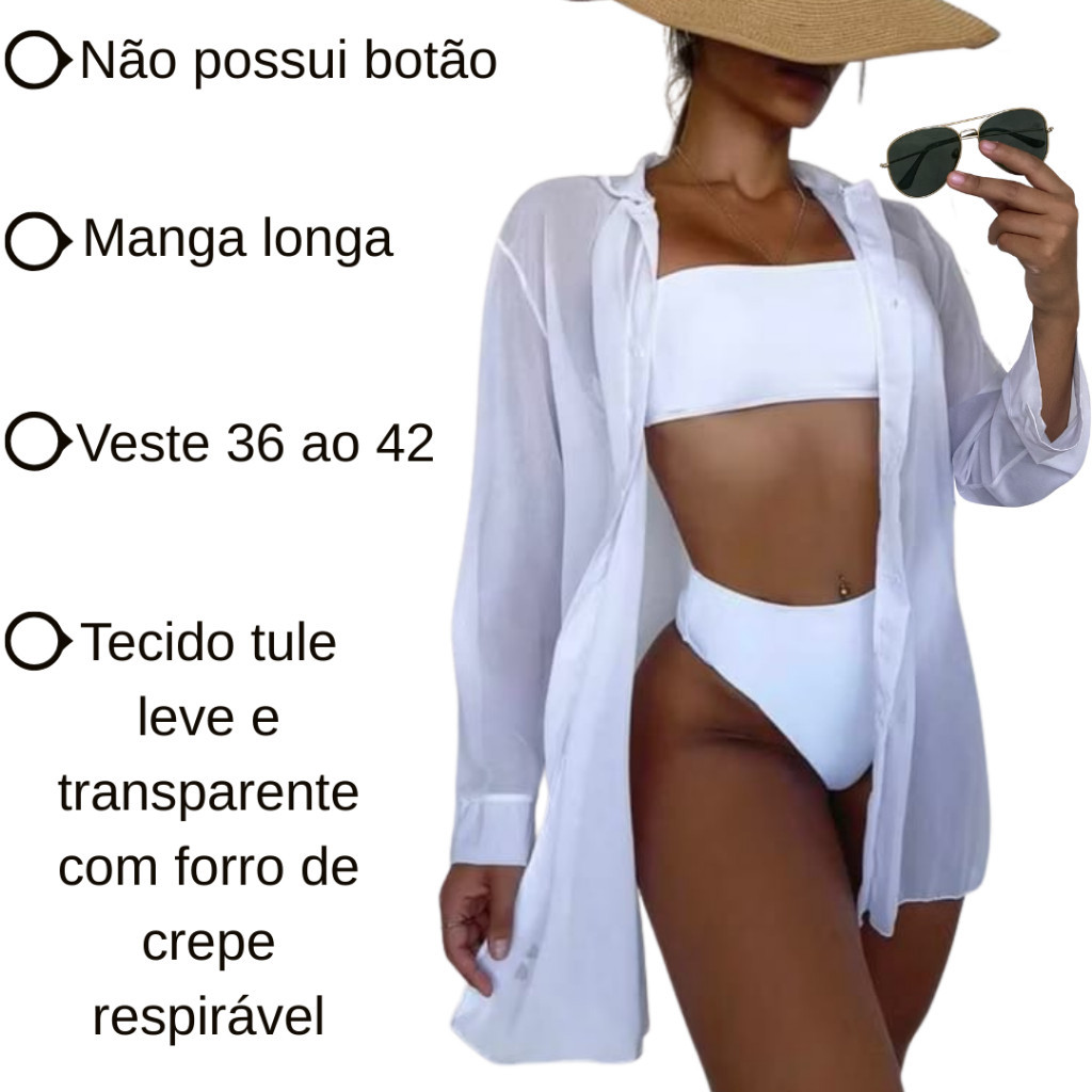 Detalhes do Kimono Saída de Praia Piscina Feminino Curto Camisa Manga Longa Blusão Banho Simples Sem Botão Estilo Leve Verão