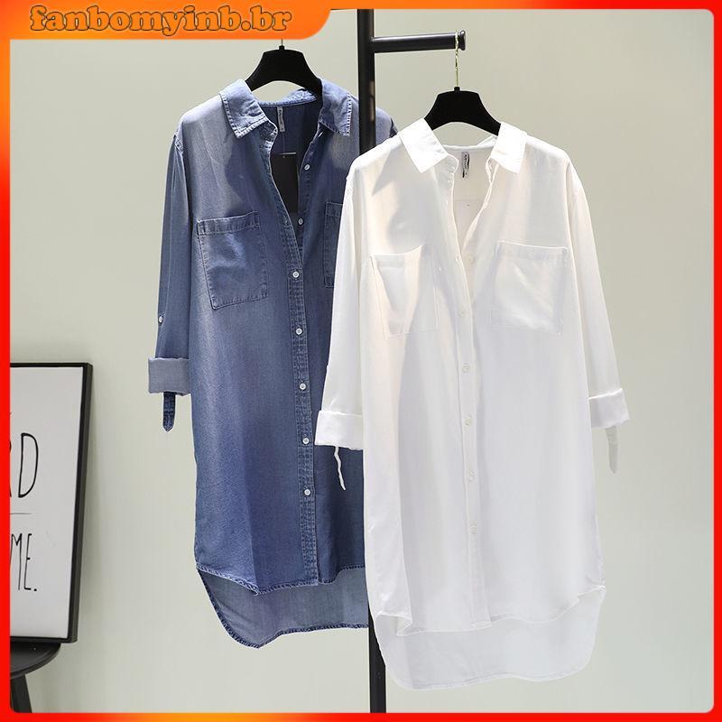 Blusa Longa Mulher De Algodão Nova Tops Plus Tamanho Bolso Duplo Manga Fina Jeans Camisa Branca