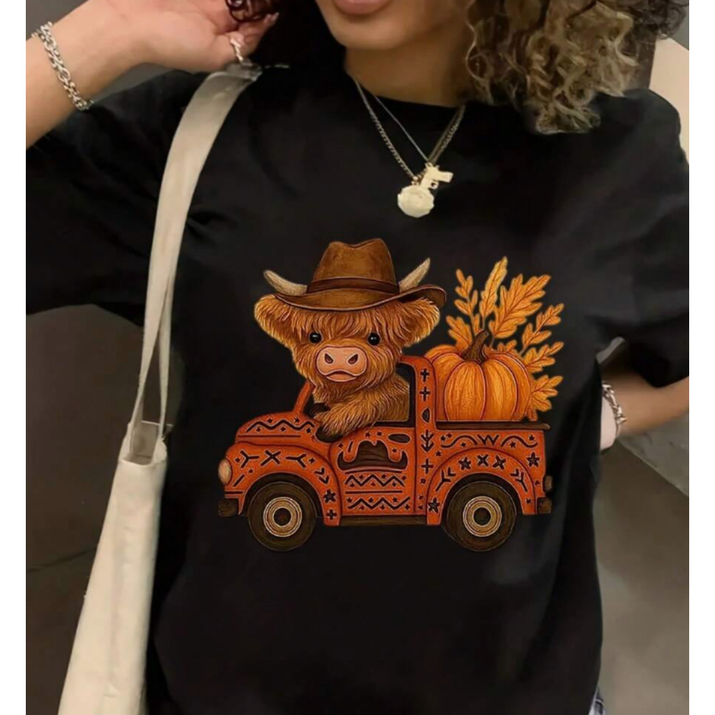 Bonito Camiseta Feminina De Algodão Folgada Para Halloween Com Estampa Fofa De Vaca Das Terras Altas E Fantasma