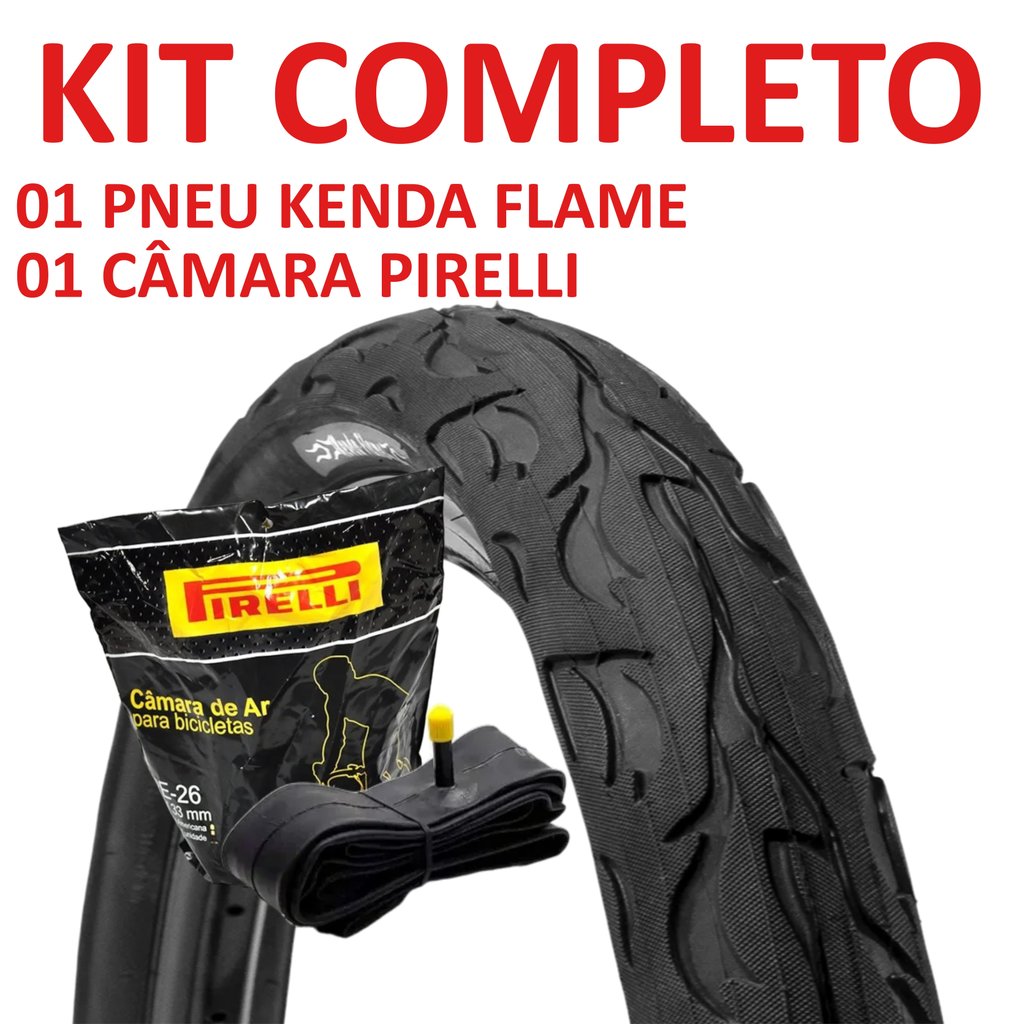 Kit Pneu Kenda Flame 26×2.125 Slick Balão Preto + Câmara Pirelli Aro 26 33mm Bico Grosso para Bike Urbana