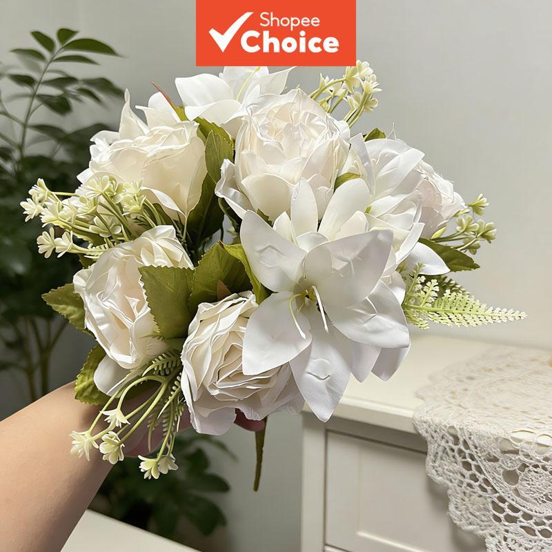 Bouquet de noiva, buquê artificial de lírios, buquê de casamento, buquê realista, buquê de rosas, noiva & rosas