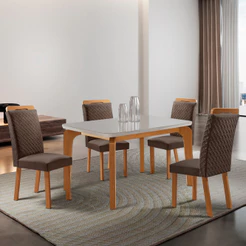 Mesa de Jantar Liz 120 cm Tampo MDF Vidro Canto Copo com 4 Cadeira Aline