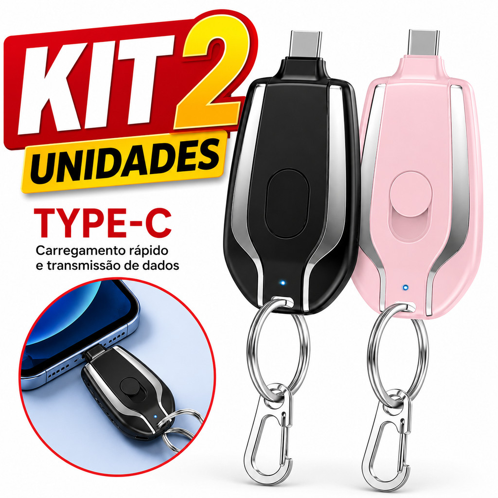 Kit 2 Mini Power Bank Chaveiro 1500mAh Tipo-C Carregador Portátil Compacto