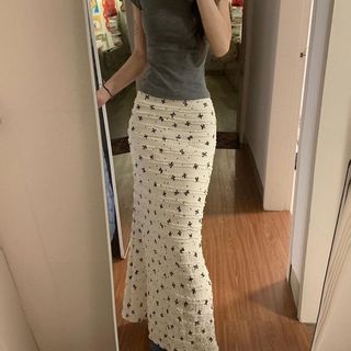 Coreano branco verão férias arco impressão renda cintura alta Floral Fishtail saia longa mais magro olhar saia