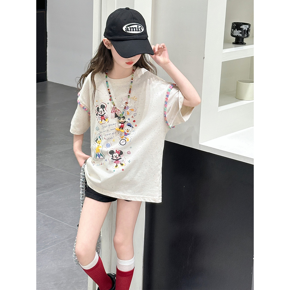 Meninas camiseta de manga curta 2025 novo estilo moda meninas moda impressão dos desenhos animados grandes crianças Casu