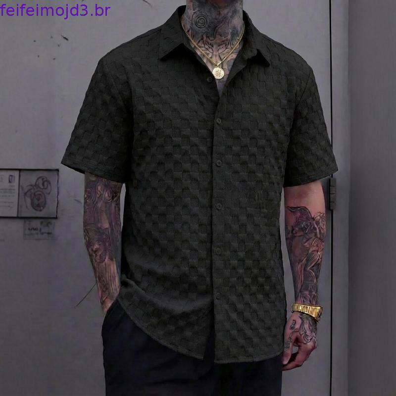 2026 novo estilo verão masculino Jacquard csa de manga curta Casual lapela moda na moda topo masculino