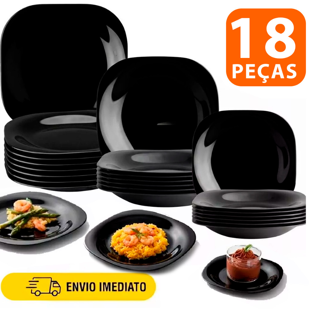 Kit jogo de Pratos Preto 18 peças sendo: 6 Rasos 26,5cm + 6 Fundos 22,5cm + 6 sobremesa 20,5cm