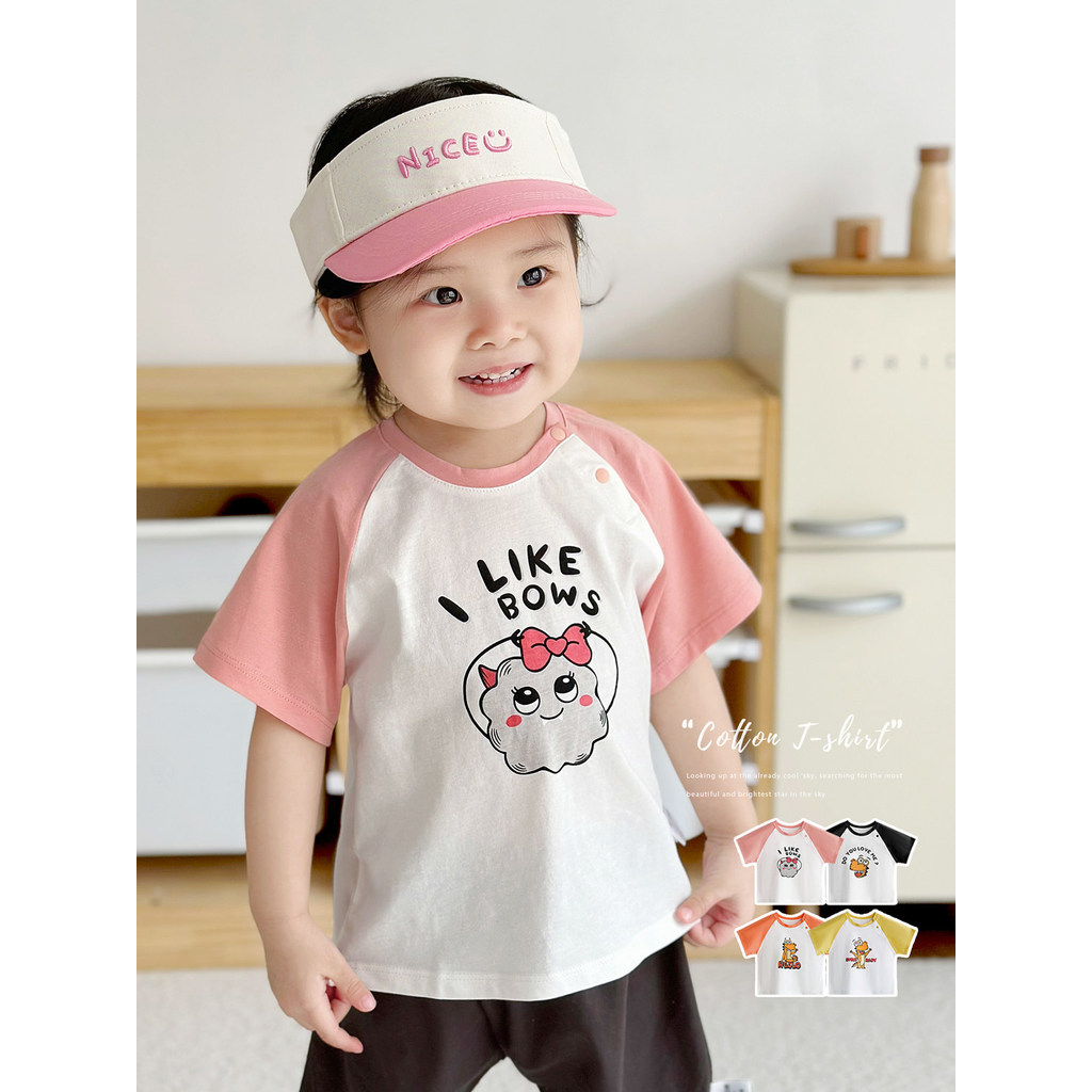 Feminino bebê de manga curta camiseta verão puro algodão Casual estilo ocidental dos desenhos animados bonito impresso B