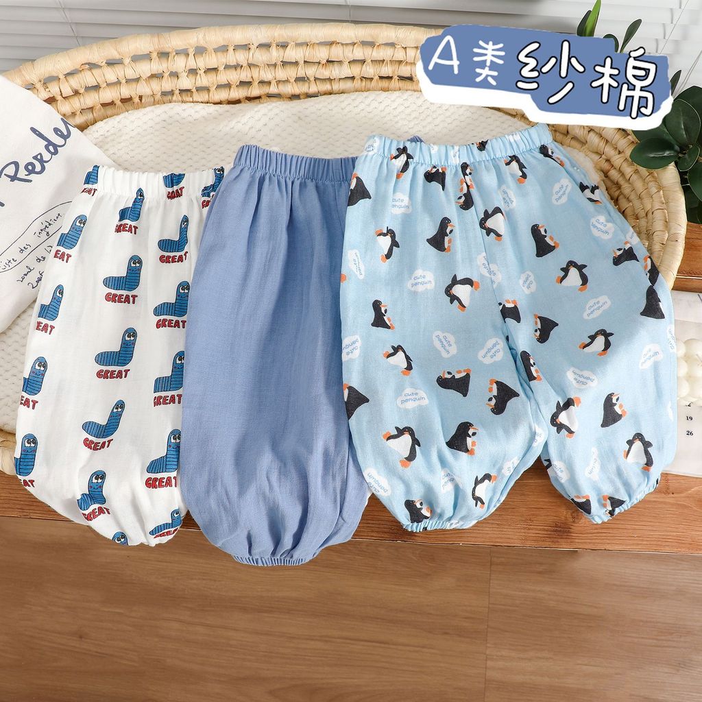 Crianças dos desenhos animados Anti-mosquito calças roupas de verão respirável fino pinguim impressão masculino feminino