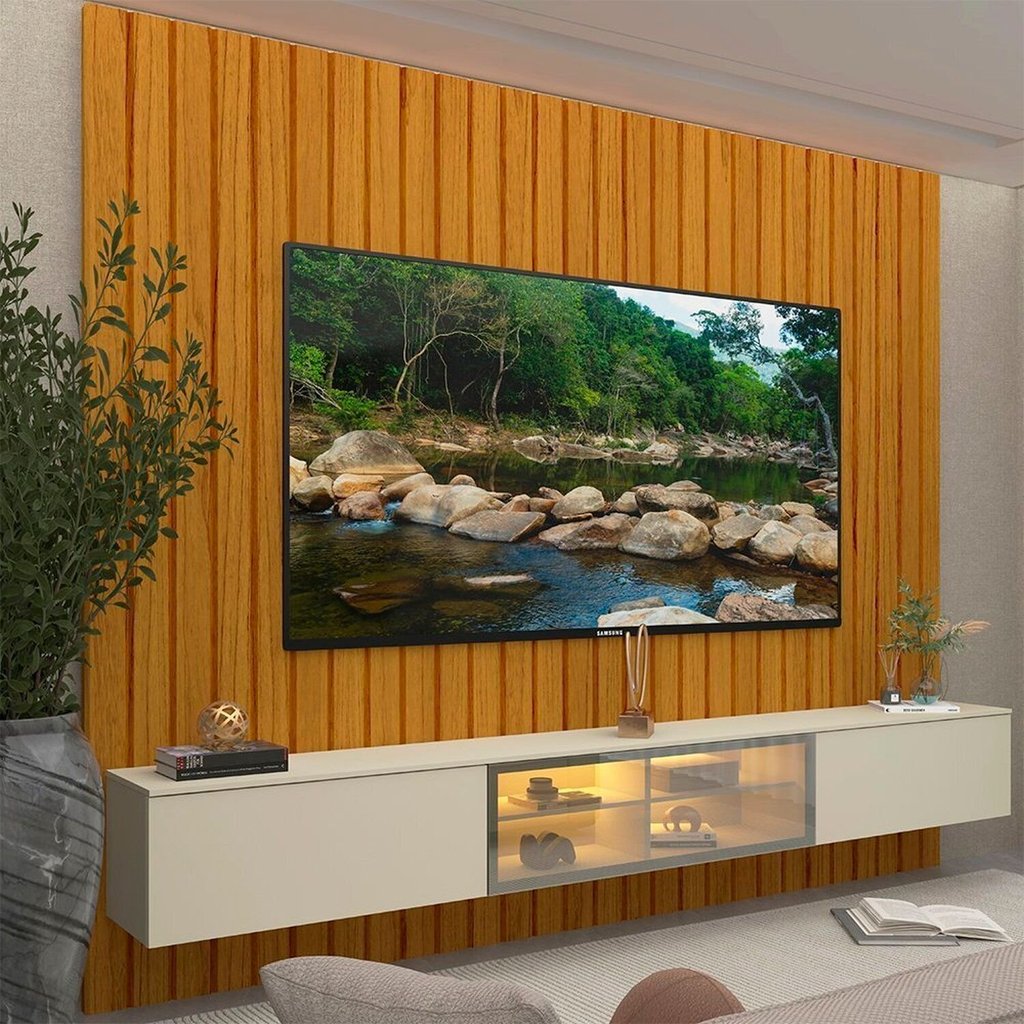 Estante para TV e Home Theater Ripado para TV até 84 Polegadas com LED 100% MDF 230CMX250CM LED Majestade Luminare