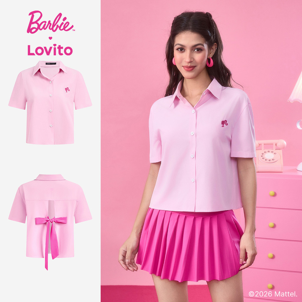 Barbie™ X Lovito Casual Blusa Rosa De Manga Curta Com Botões Para Primavera/verã