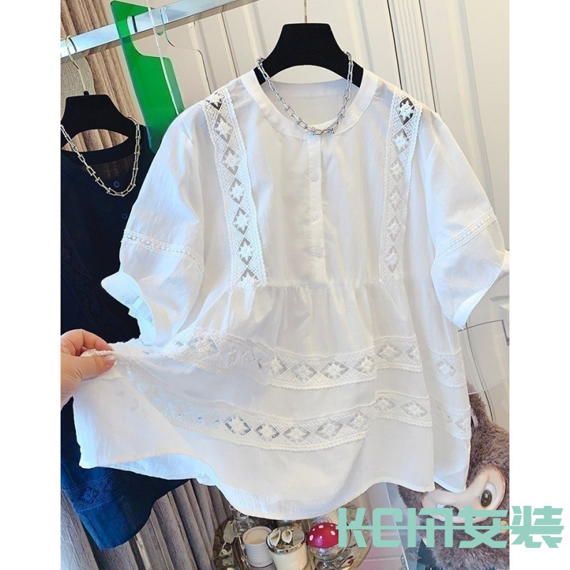 KCM francês elegante bordado algodão pano renda branca camisa de manga curta solta camisa do bebê topo feminino algodão 