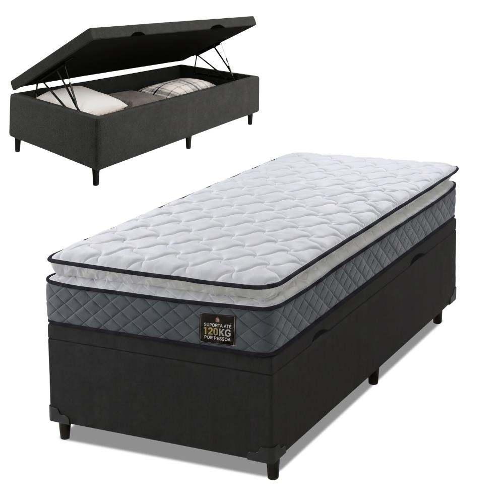 Cama Box Baú Solteiro Colchão Espuma D33 Pillow Top Millenium 88x188x60cm Cinza/Preto Hellen - Supor
