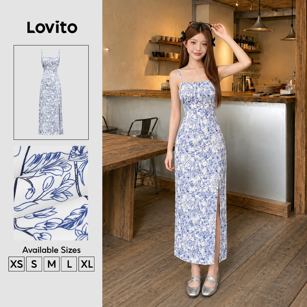 Lovito Casual Vestido Floral Com Fenda Frontal Longo Para Mulheres L110AD166