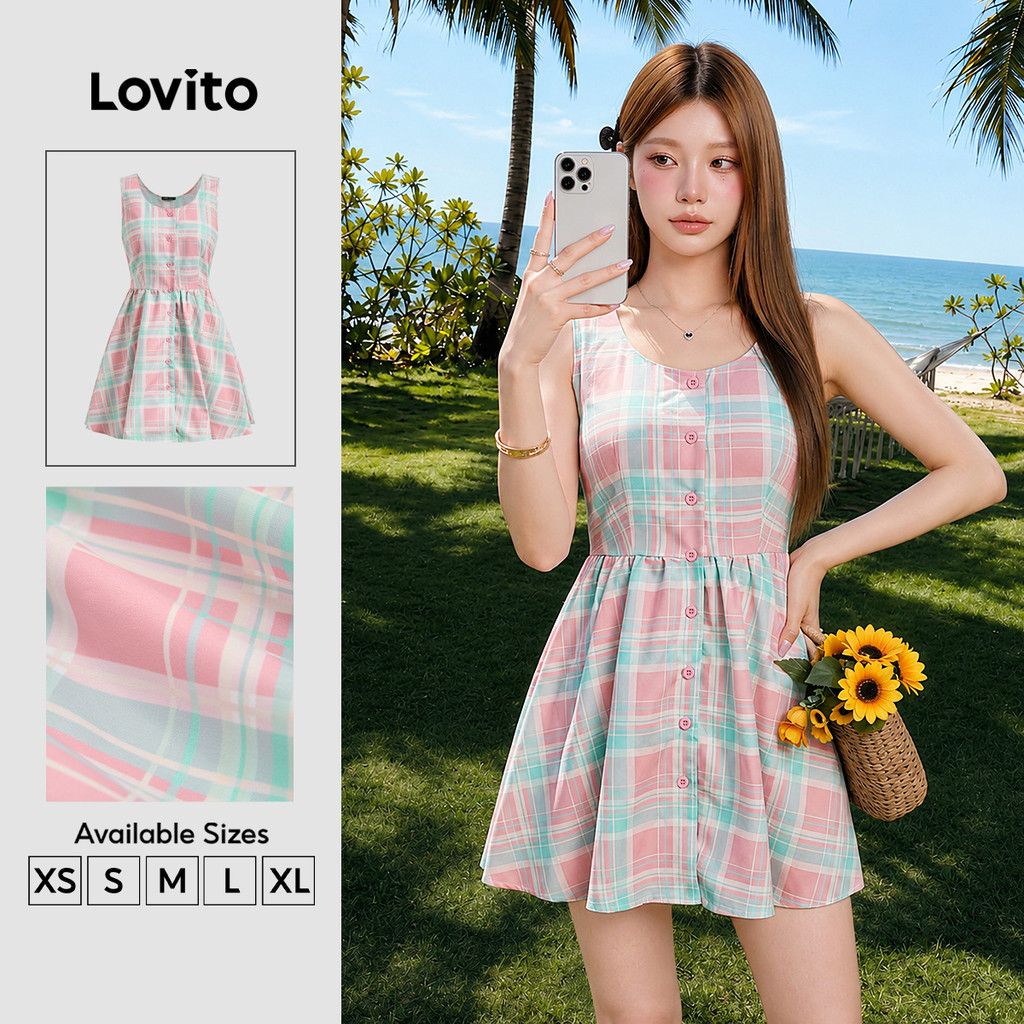 Lovito Férias Vestido Xadrez Drapeado Com Botões Vestido De Verão/primavera Para Mulheres L133AD514