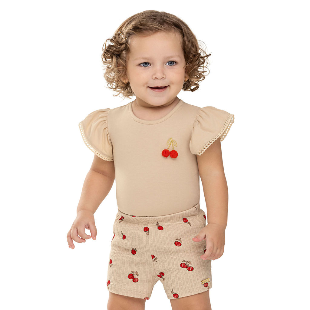 Conjunto Bebê Menina Pompom Cereja Colorittá Bege