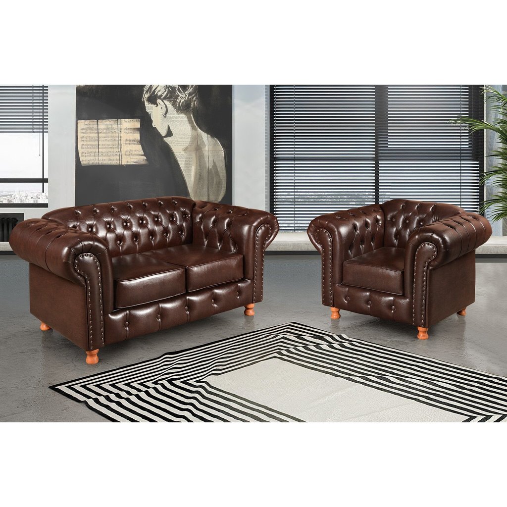 Conjunto Sofá 2 Lugares e Poltrona Luis Xv Chesterfield Vintage Marrom Café Café