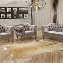 Conjunto Sofá Duquesa Chesterfield Lugares e 2 Poltronas Cinza Capuccino Cinza Capuccino