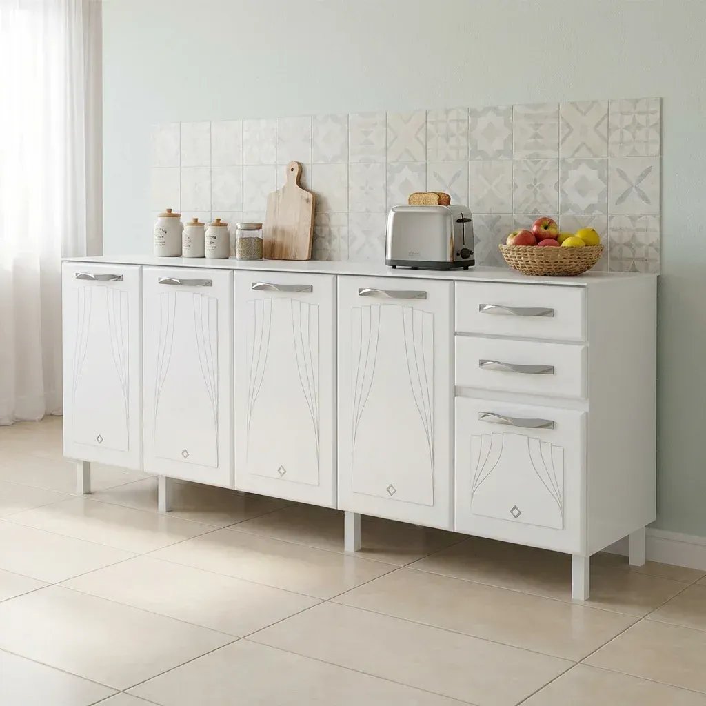 Balcão de Cozinha para Pia em Aço 5 Portas 2 Gavetas sem Tampo 200cm Star New Branco Branco